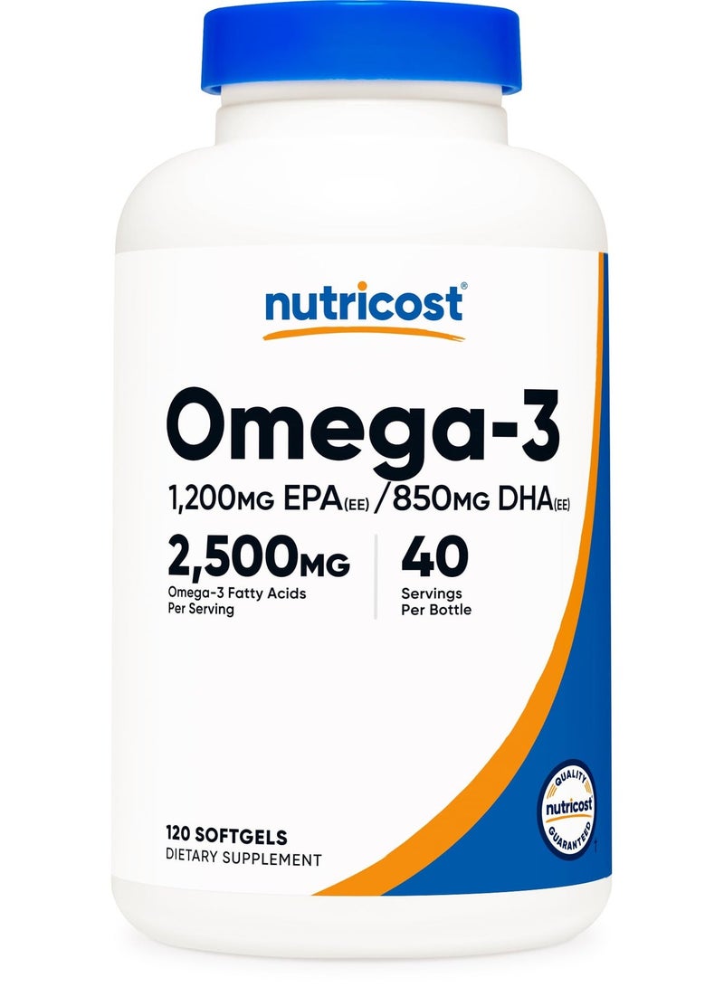 زيت السمك أوميغا 3 بتركيز 2500 ملغ من Nutricost – مكمل غني بـ EPA وDHA – 120 كبسولة هلامية - Image 1